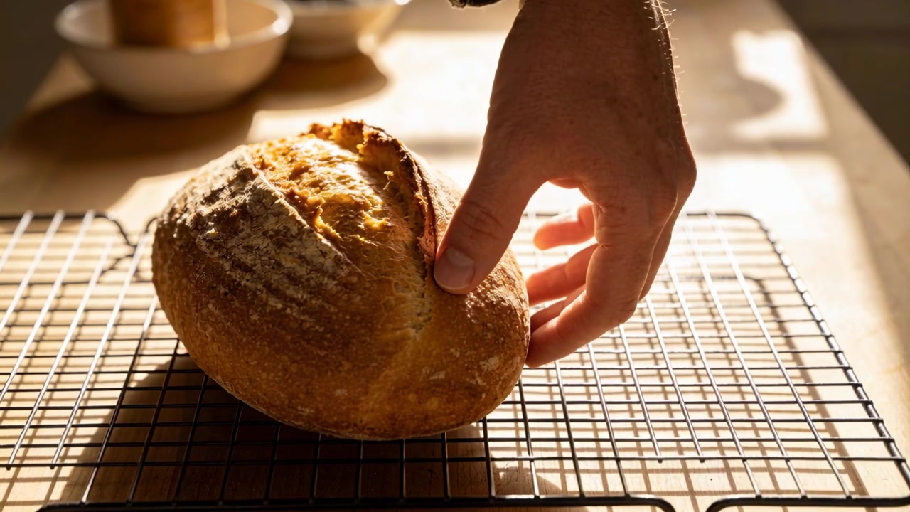 Una mano adulta si avvicina, spinge e controlla la stabilità di una pagnotta di pasta madre sul bancone della cucina, su una griglia metallica.