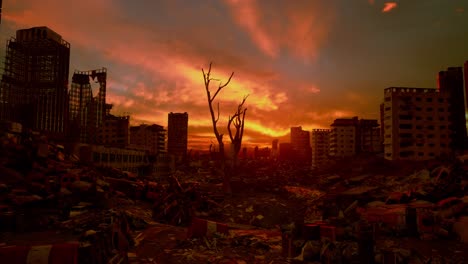 deserted demolished city buildings, after war, sunset time