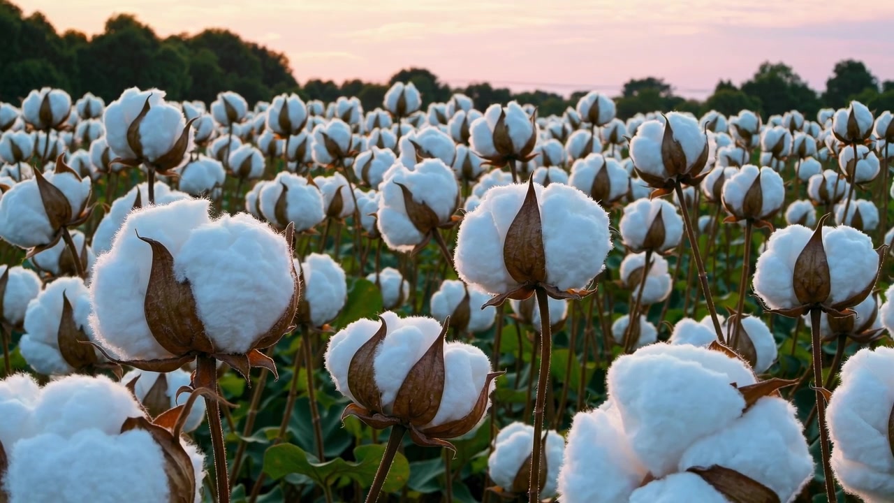 Campo di cotone al tramonto con batuffoli bianchi e soffici