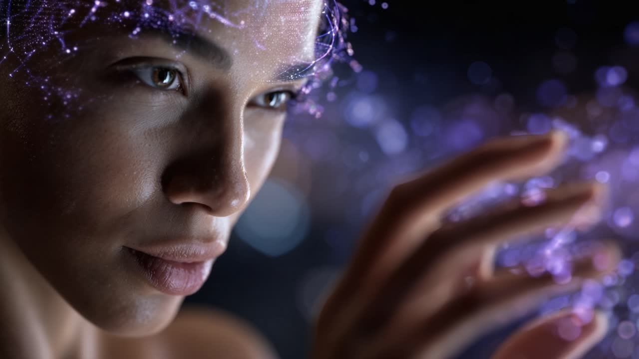 Un primo piano affascinante di una donna con eteree particelle luminose che le circondano la testa, rappresentando una connessione tra tecnologia ed emozione umana in un mondo digitale.