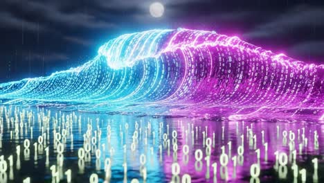 a dazzling digital wave of light: a mesmerizing display of binary code dancing across water under a moonlit sky