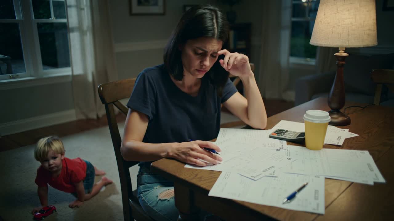 Donna che scrive, in maglietta scura e jeans, al tavolo, che guarda un bambino gattonare, pagando bollette con la calcolatrice.