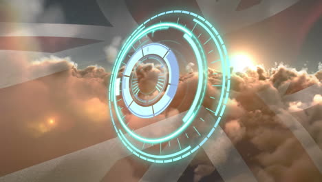 animation of safe lock rotating over uk flag and cloudy sky