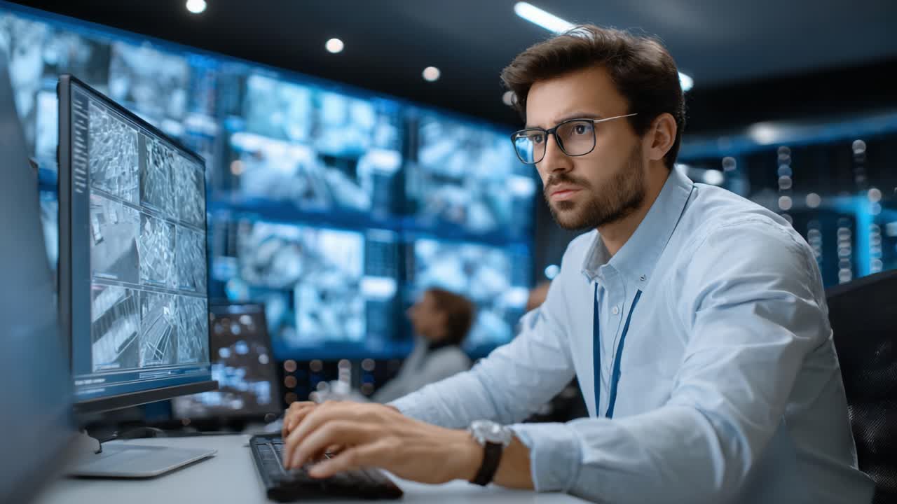 A Focused Professional Analyzing Surveillance Footage in a High-Tech Monitoring Center with Multiple Screens Displaying Real-Time Data and Images