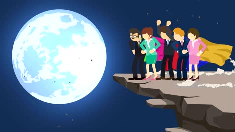 superhero business team standing on cliff ready for challenge. business team symbol. teamwork and success concept. comic loop animation.