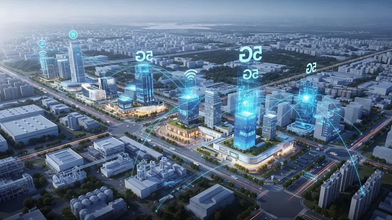 Aerial View of a Futuristic Cityscape Featuring Advanced Digital Infrastructure and Smart Technology Integration in Urban Development