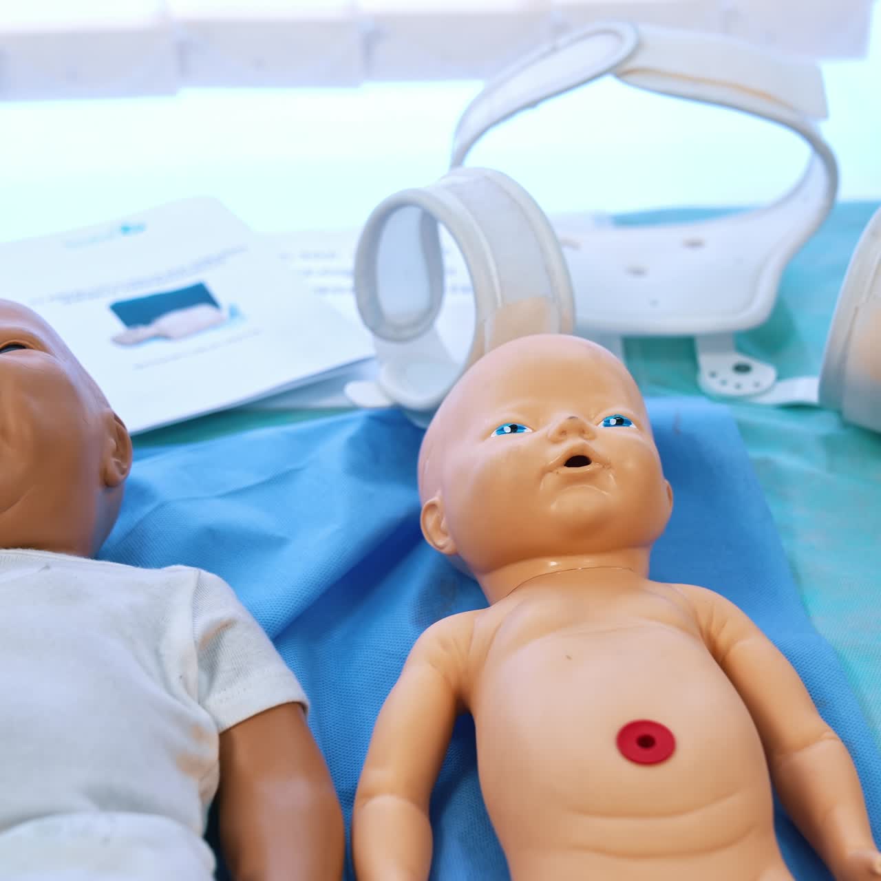 Infant dolls for medical experiences. Plastic baby models on the table in studying room for students in medical university. Close-up