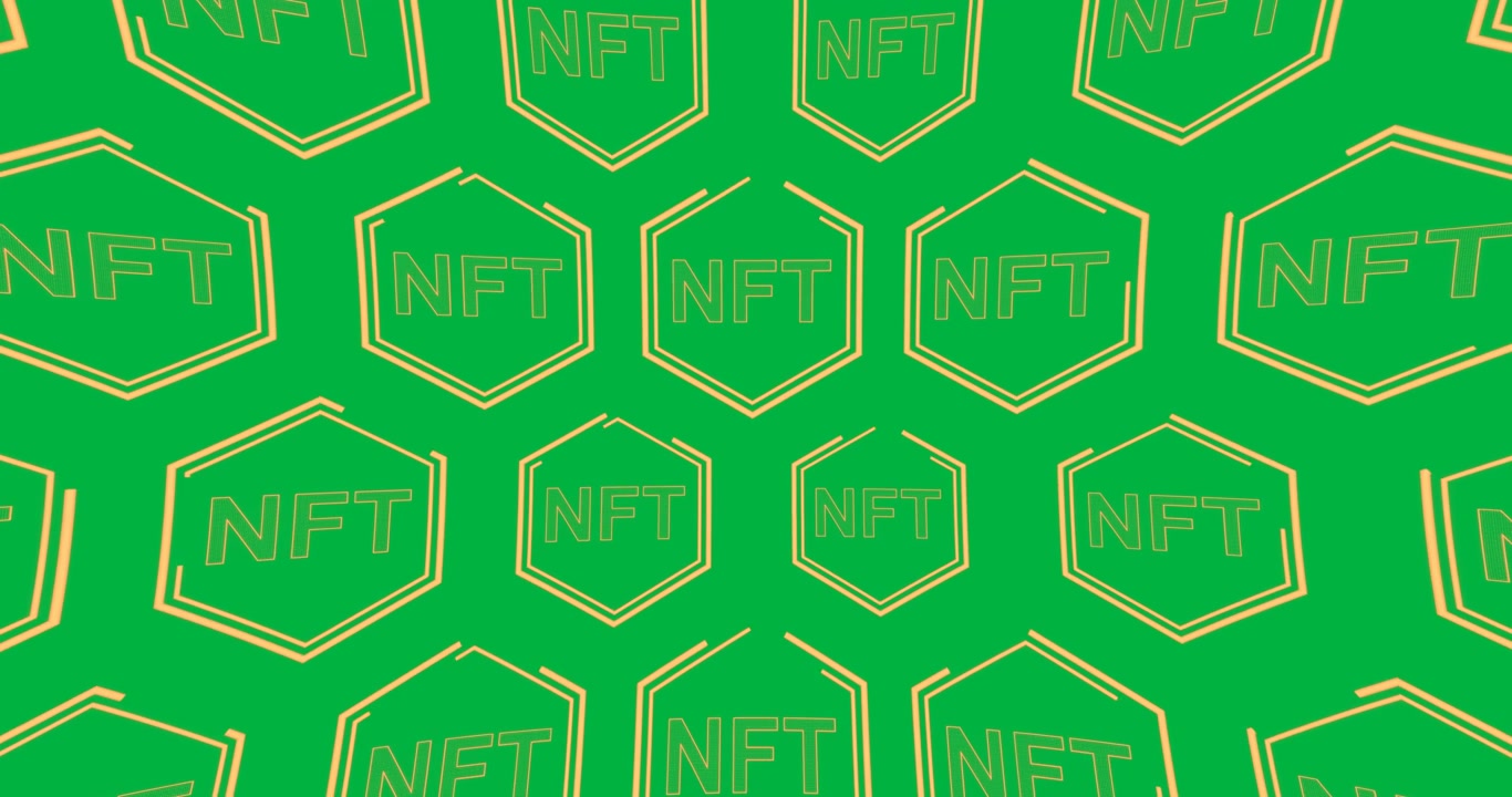 Animation af NFT-hexagon-symboler i rækker på gennemsigtig baggrund.