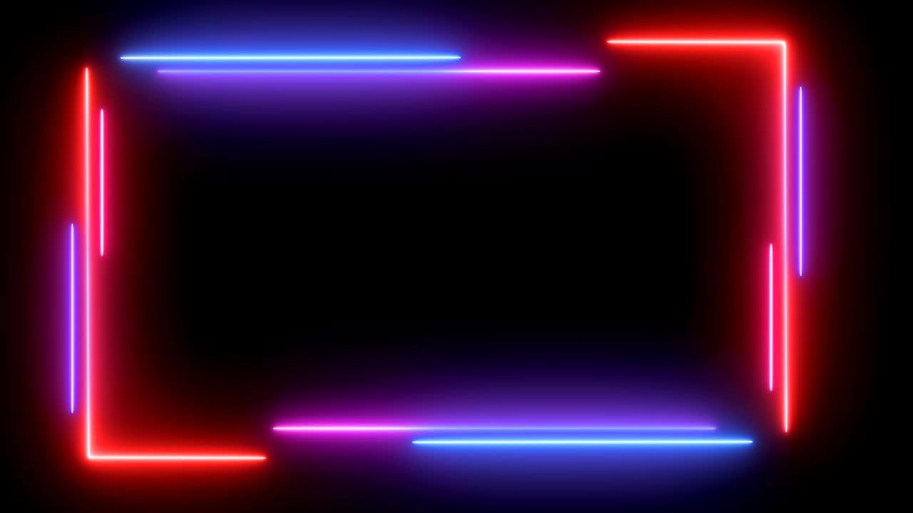 Neon frame on black background. Colourful neon glow color moving seamless art loop background. Looped animation ultraviolet. 4K video.