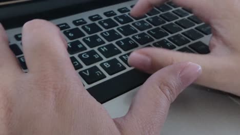 Side angle close-up of woman's hands typing on laptop at home office desk.
