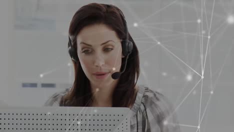 Animation-of-networks-of-connections-over-businesswoman-using-phone-headsets