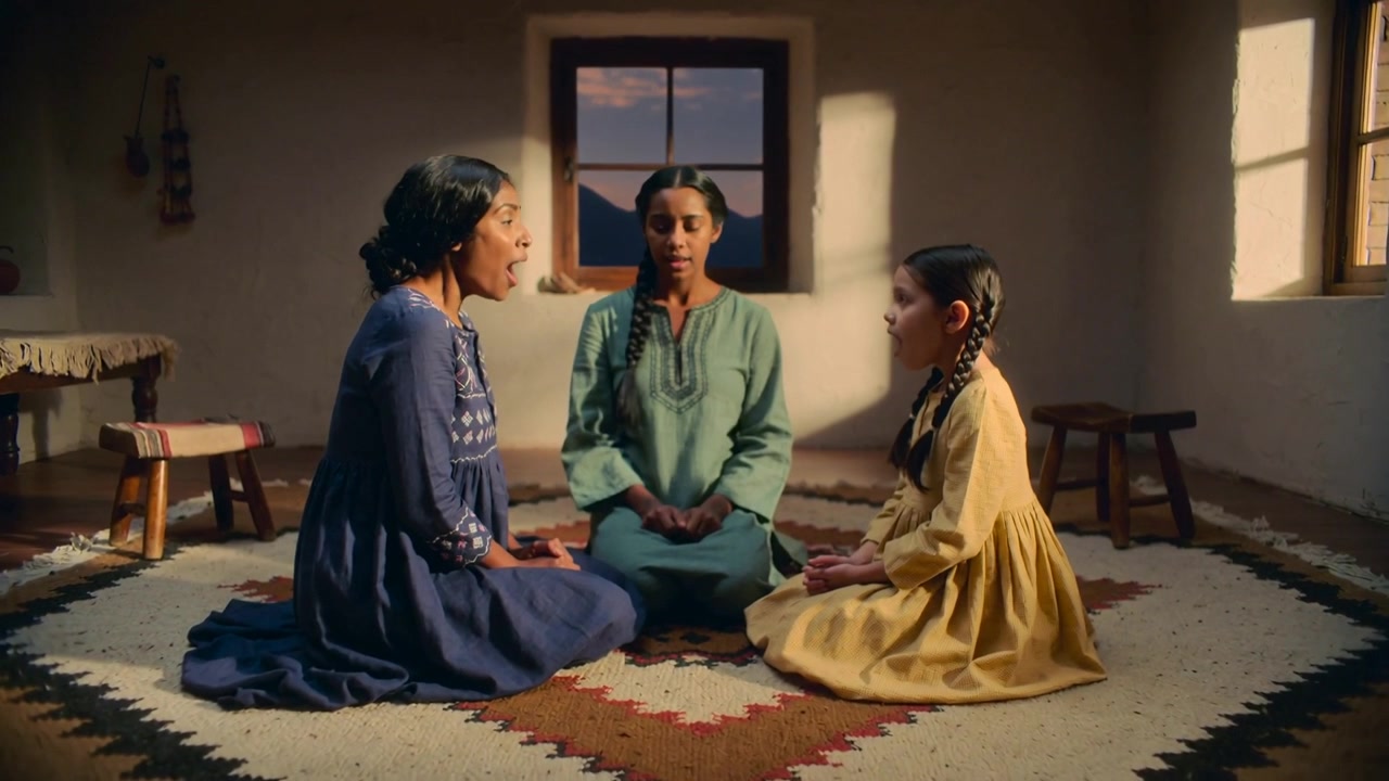 Leaning forward, woman in blue dress speaking to girl on woven rug near window, offering guidance