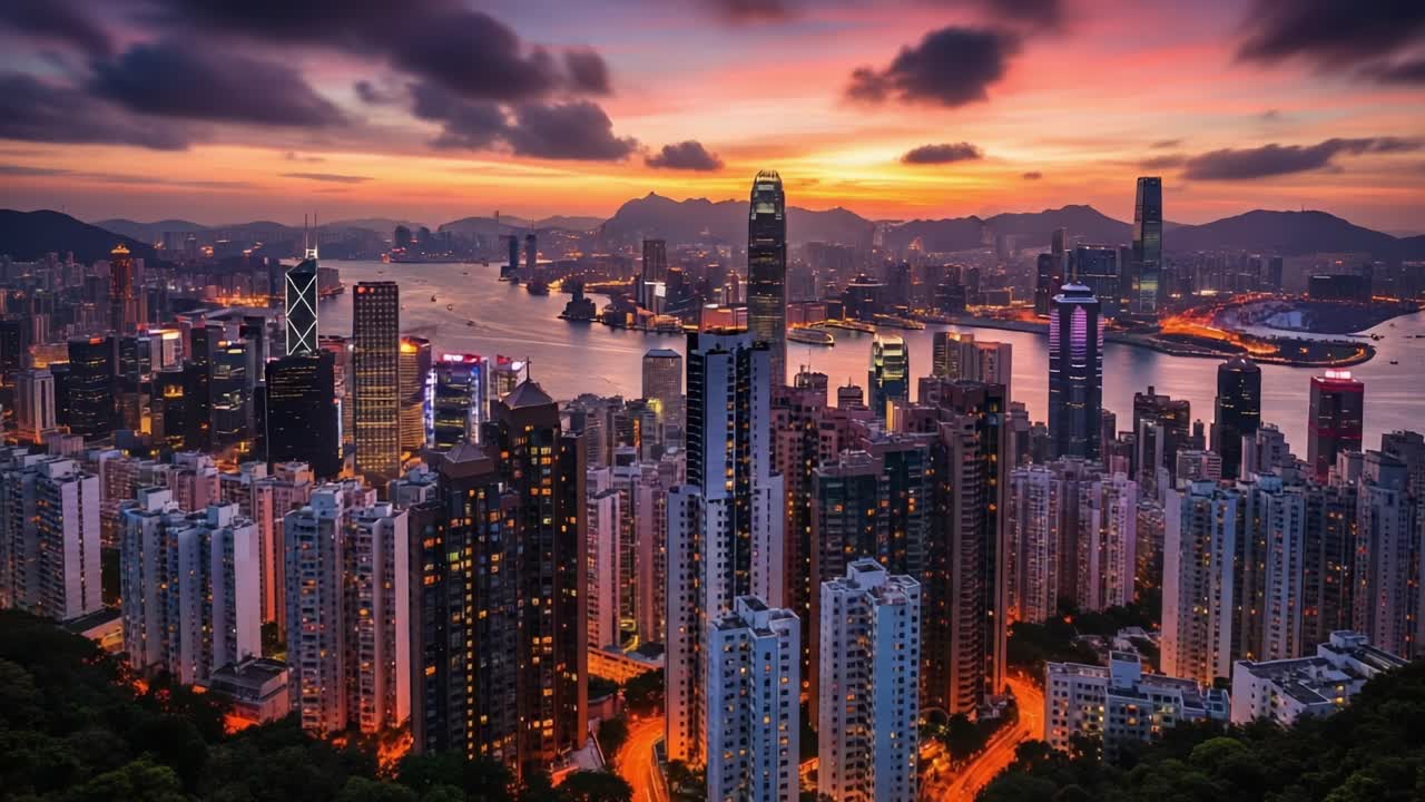 Twilight Over a Cityscape: A Captivating View of Urban Lights and Reflections by the Water in a Stunning Transition from Day to Night