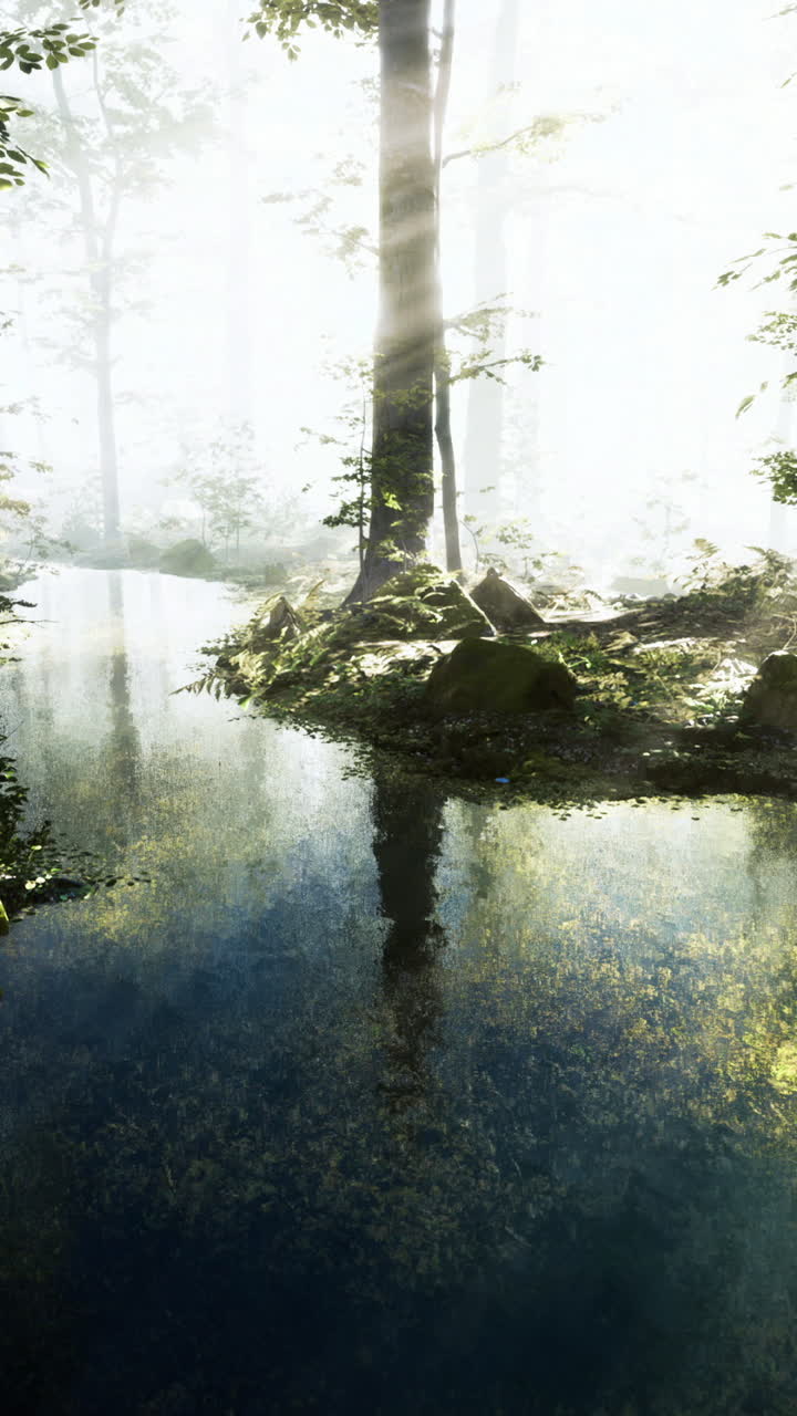 Misty forest reflects sunlight on tranquil water at dawn