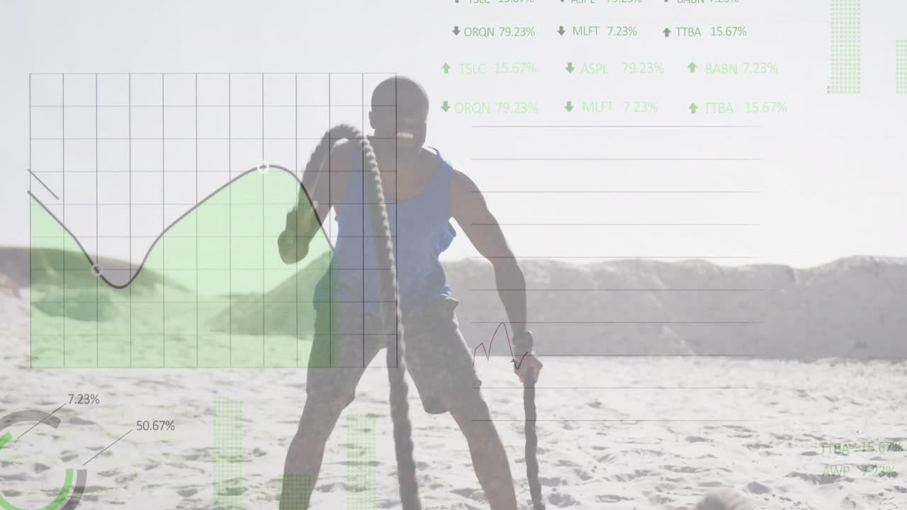 animación del procesamiento de datos sobre un hombre afroamericano haciendo ejercicio en la playa
