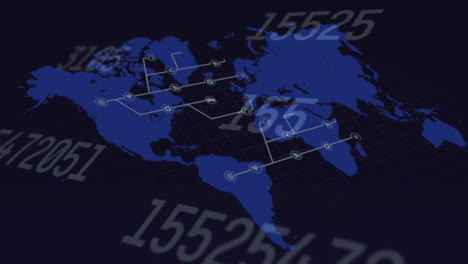 múltiples números cambiantes a través de la red de iconos digitales contra el mapa del mundo en fondo negro