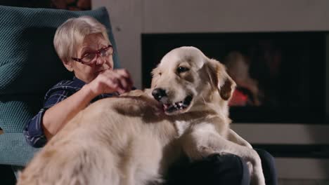 senior woman and golden retriever by fireplace