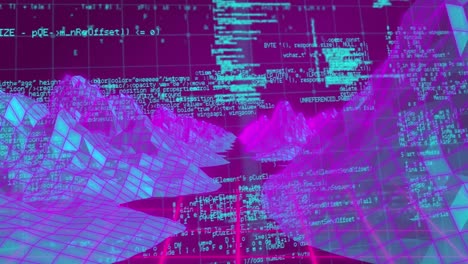 Digital animation of purple digital waves over colorful digital waves on red background