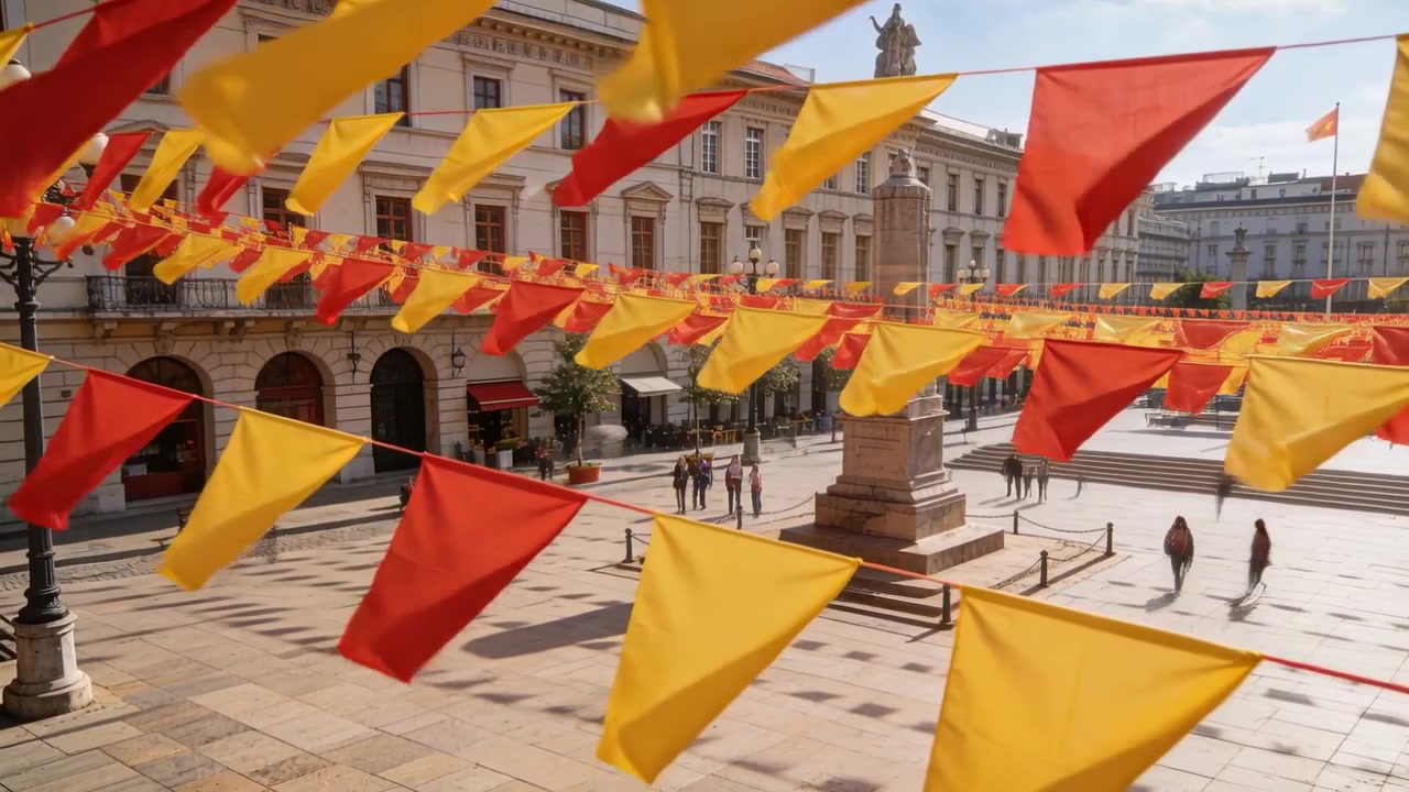 Banderines rojos y amarillos ondean sobre la plaza, el viento impulsa su movimiento mientras los turistas se congregan en el monumento.