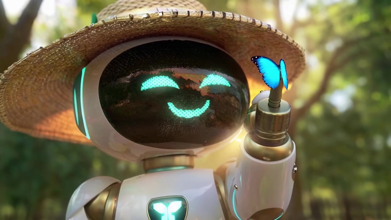 Robot carino con un cappello di paglia che innaffia i fiori in un giardino soleggiato