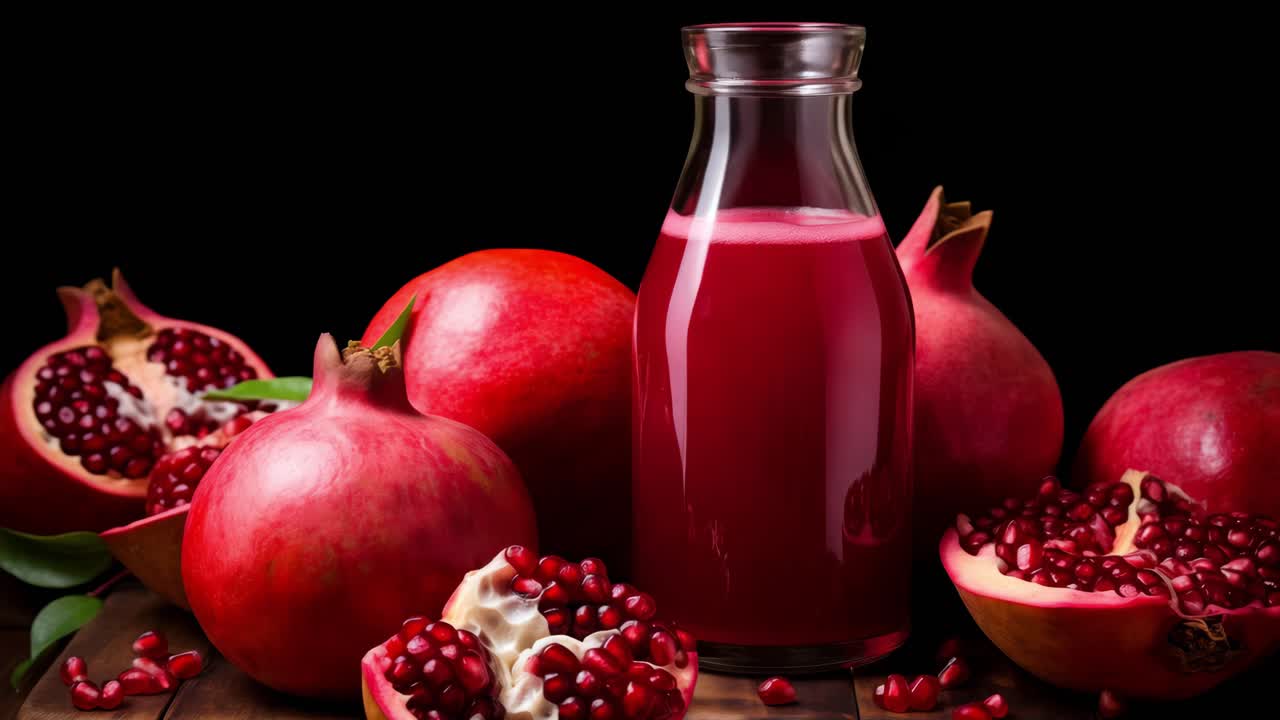 Pomegranate juice in a glass bottle is surrounded by fresh, ripe pomegranates and open pomegranates with visible seeds, creating a vibrant and appetizing display against a dark backdrop