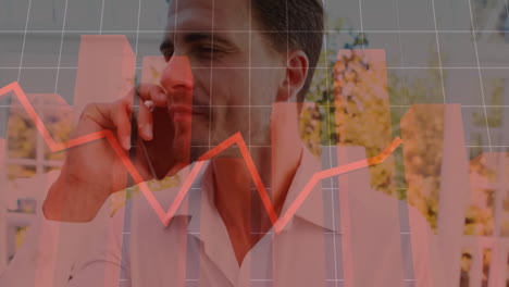 hablando por teléfono, hombre sobre gráfico financiero animación con líneas de tendencia rojas