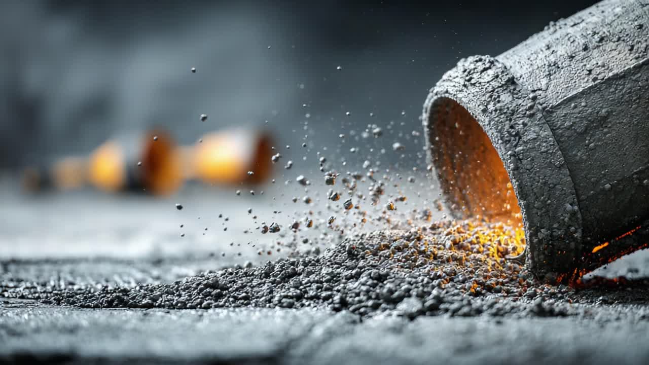 A Close-Up of Concrete Being Spilled from a Container, Capturing the Textures and Sparks as the Mixture Flows onto the Surface with Glowing Light Effects