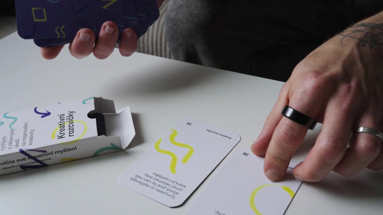Hand with modern ring removes productivity cards from a box on white table.
