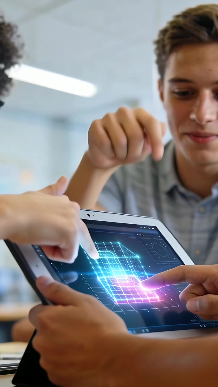 Vertical video: Tapping tablet, two male pupils tweaking 3D hologram cube at class table on project