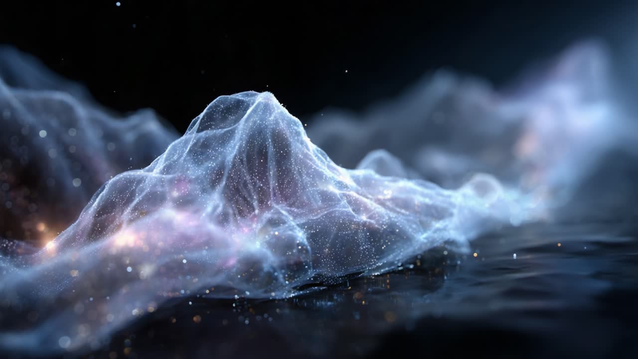 Visuell representasjon av eteriske fjellandskap gjengitt i kosmisk lys, som fanger skjønnheten i naturlige former forsterket av digitale effekter
