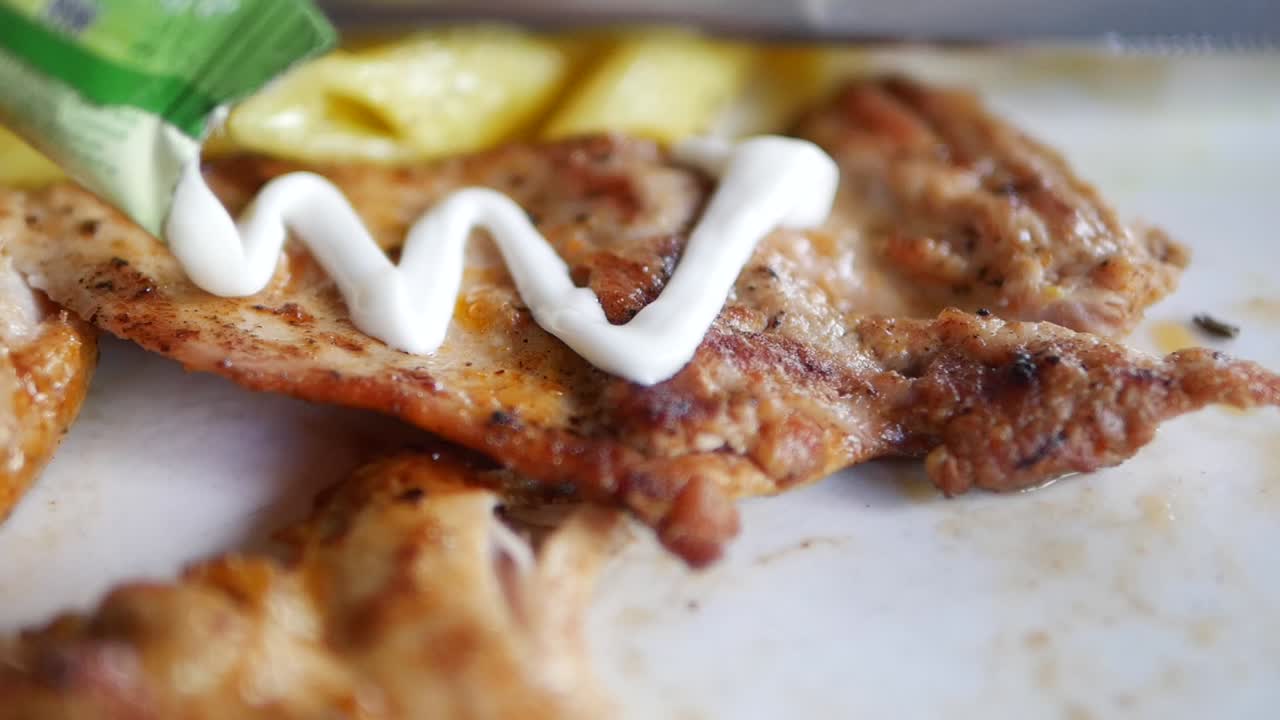 pollo a la parrilla con mayonesa y patatas