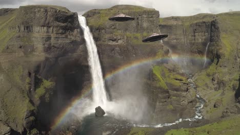 ufos over a waterfall and rainbow