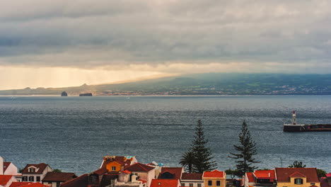 Early-morning-time-lapse-of-Pico-Island-from-Horta,-Faial-Island,-Azores---Portugal