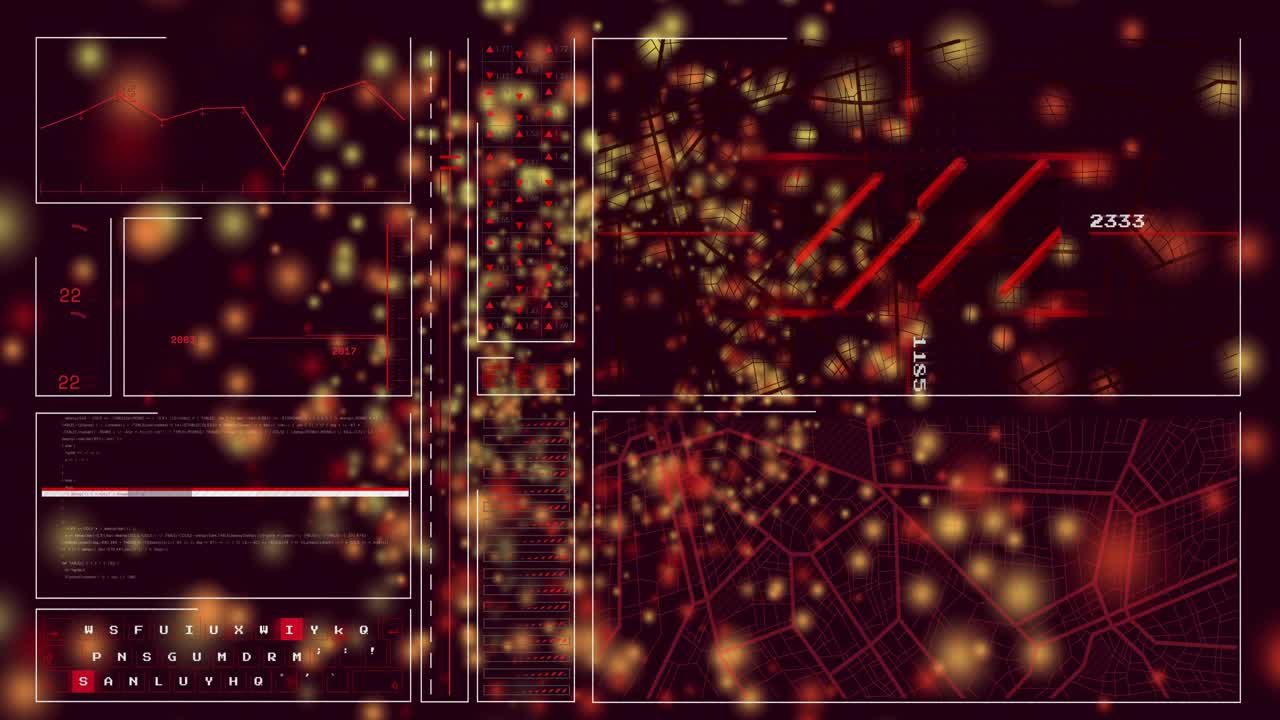 Glowing particle swarm initiating from faint spark, cascading across red HUD and updating map