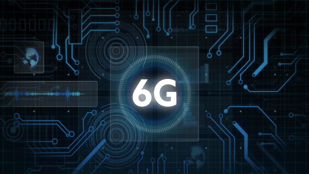 animación de texto de 6g sobre escáner redondo, conexiones de microprocesador y procesamiento de datos.