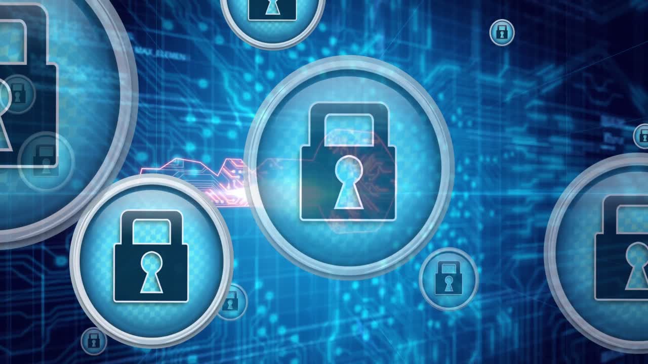 animación de un candado digital sobre fondo azul con circuito integrado