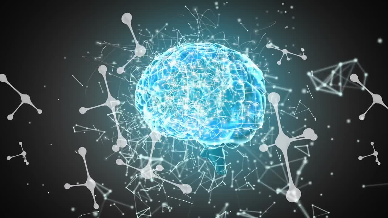 블랙 배경에 분자와 회전하는 뇌의 애니메이션