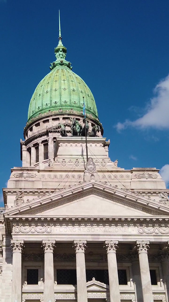 Vertical low angle establishing of National Congress, Neoclassical Dome in Buenos Aires City Argentina, Entrance facade
