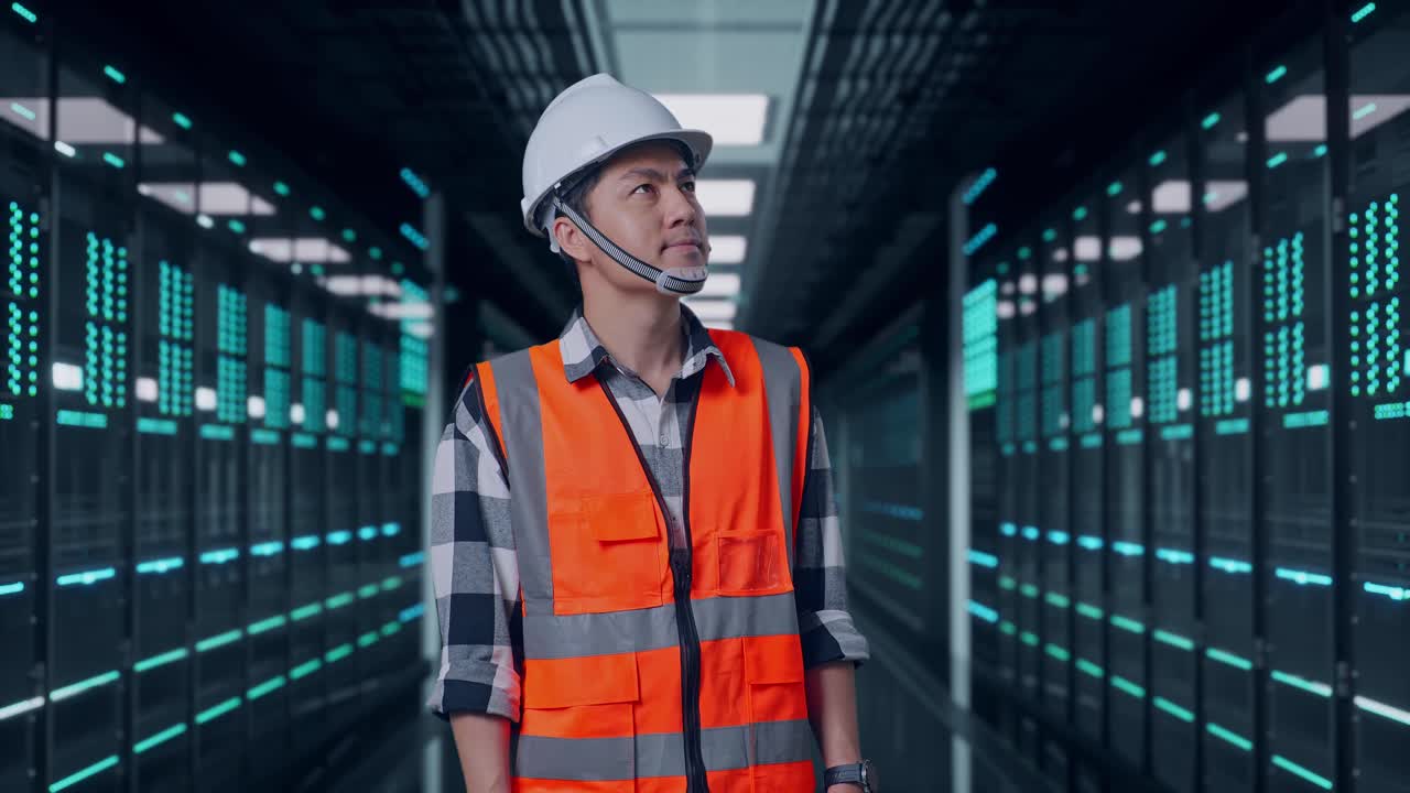 Asian Male Engineer With Safety Helmet Looking Around While Standing in Server Room Data Center