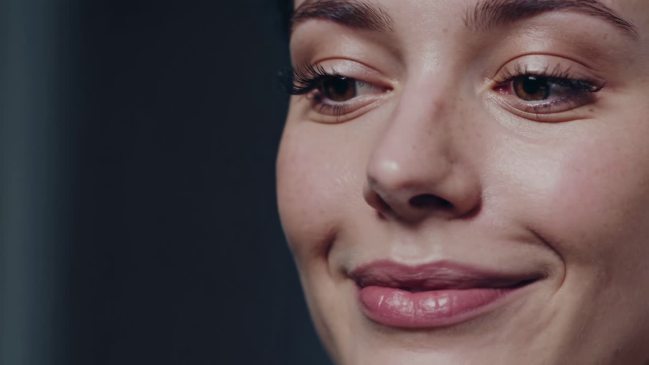 Close-up video shot capturing a woman's serene expression, focusing on her eyes and lips
