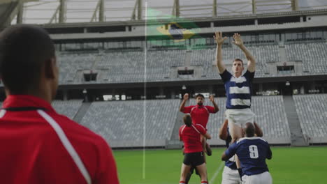 in stadium, rugby players jumping for ball during lineout, animated teamwork
