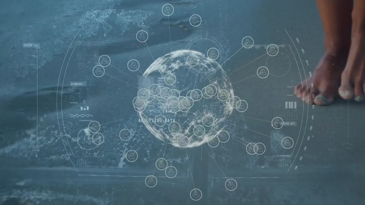 분자와 함께 회전하는 지구의 애니메이션, 해변에서  ⁇ 고 있는 아프리카인에 대한 원