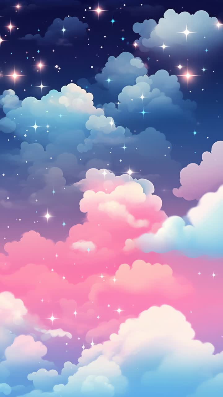 A dreamy, pastel-colored sky with fluffy clouds and twinkling stars ...