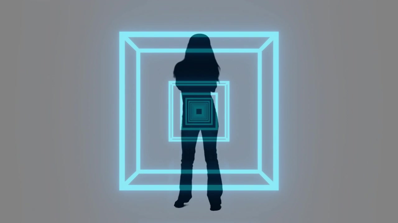 Frame cue starting female doing moves inside cyan cube, nested squares aligning over torso for tech