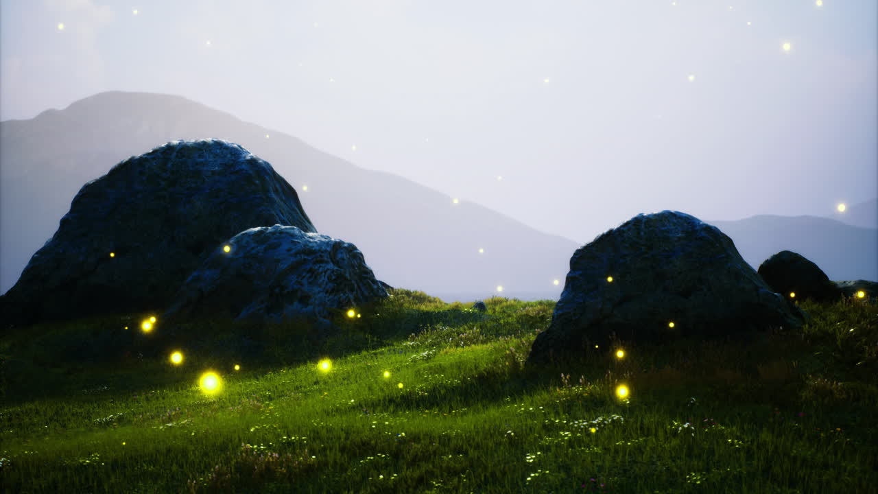 Serene landscape at twilight with glowing elements on grassy hill