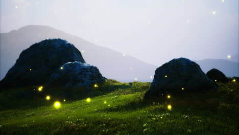 serene landscape at twilight with glowing elements on grassy hill
