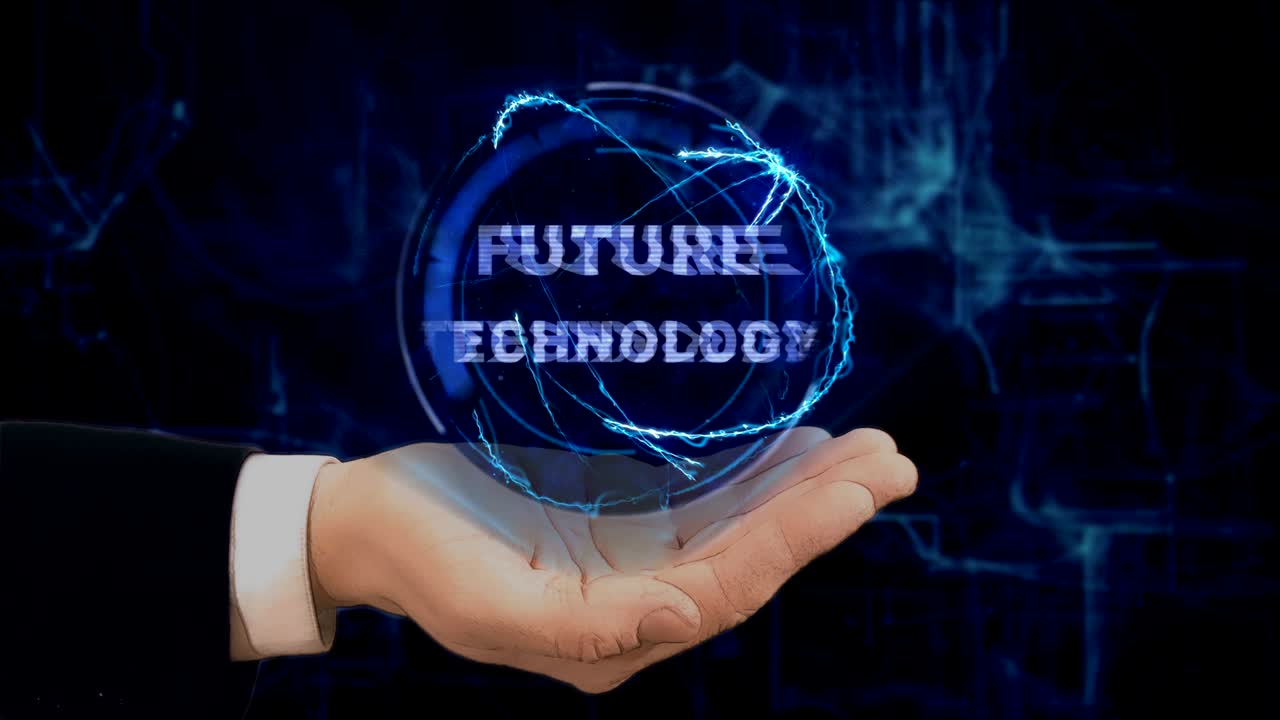 Painted hand shows concept hologram Future technology on his hand