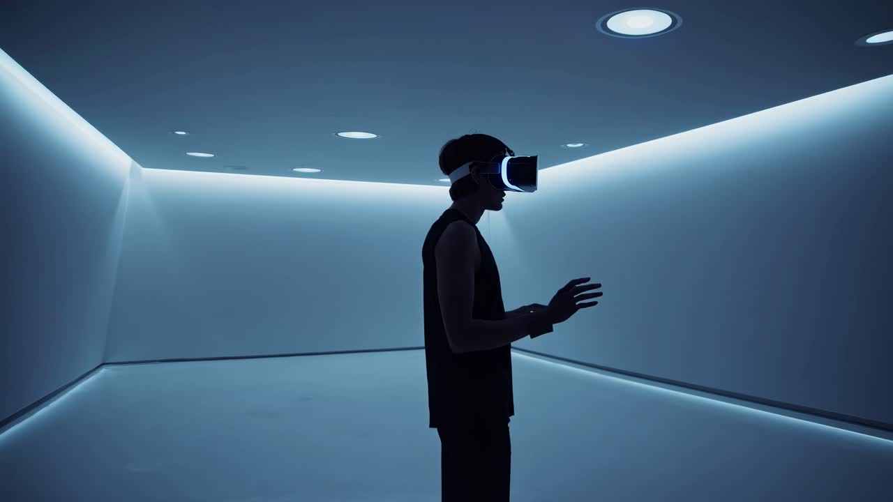 A person wearing VR goggles in a futuristic, minimalist room