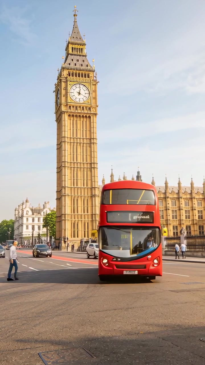 Vidéo verticale : Un bus rouge roule, suivant le trafic près de Big Ben, avec un chauffeur en uniforme transportant des passagers.