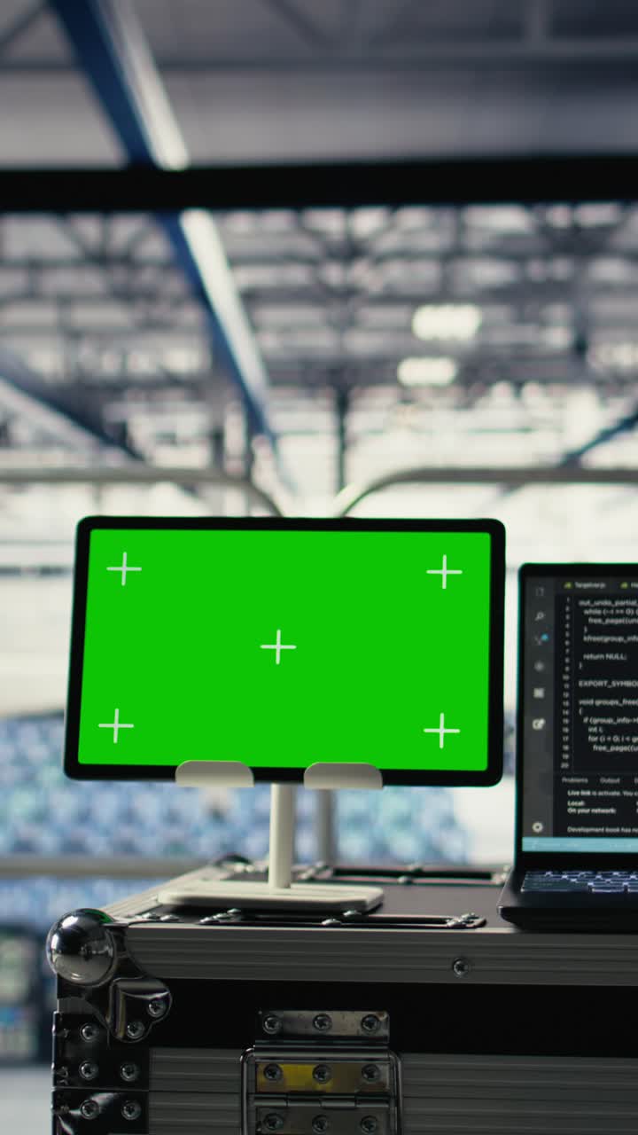 Vertical Video Green Screen Tablet In High Tech Data Center With Blockchain Machines